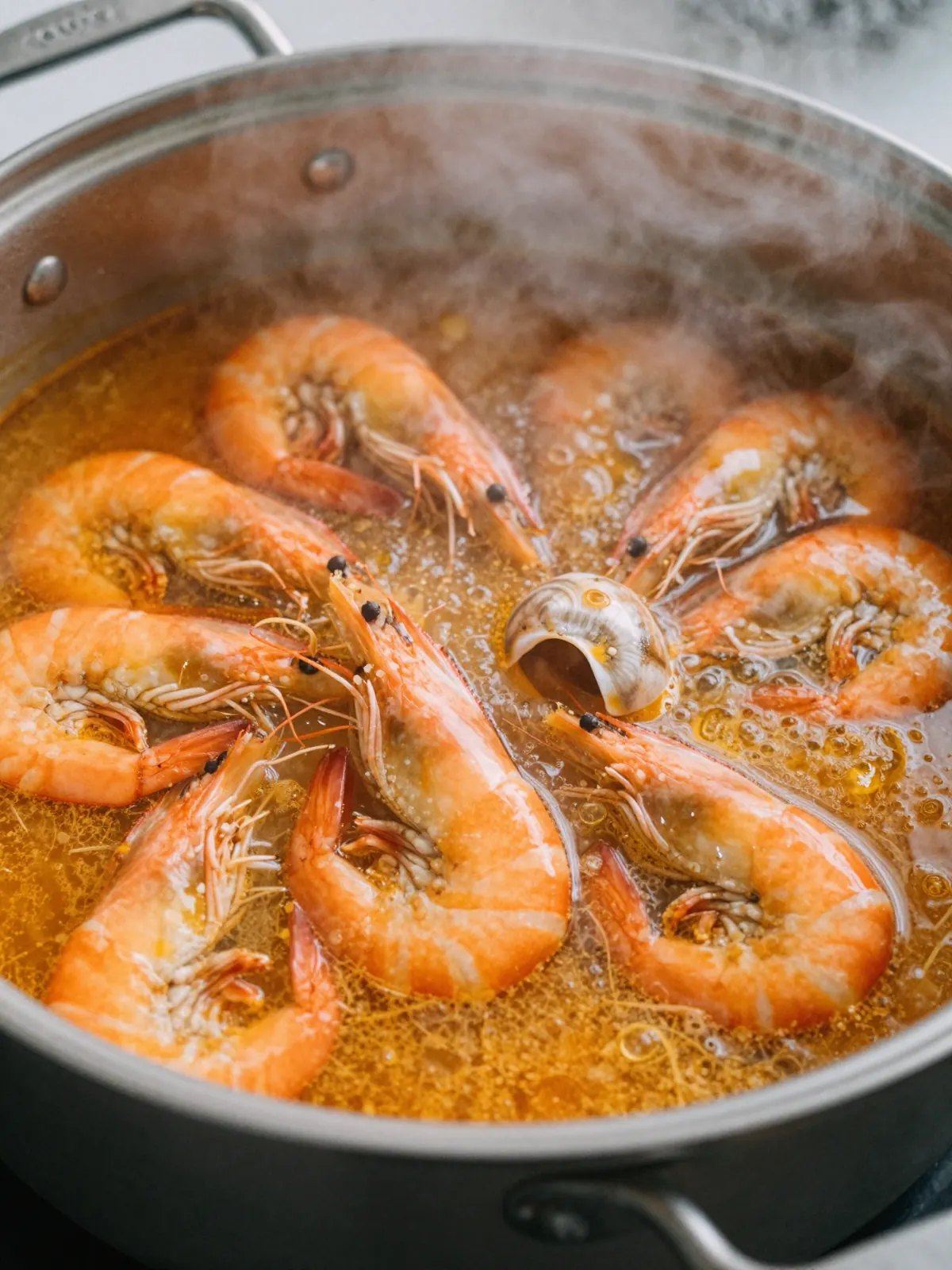 A pot of deep orange prawn broth simmering