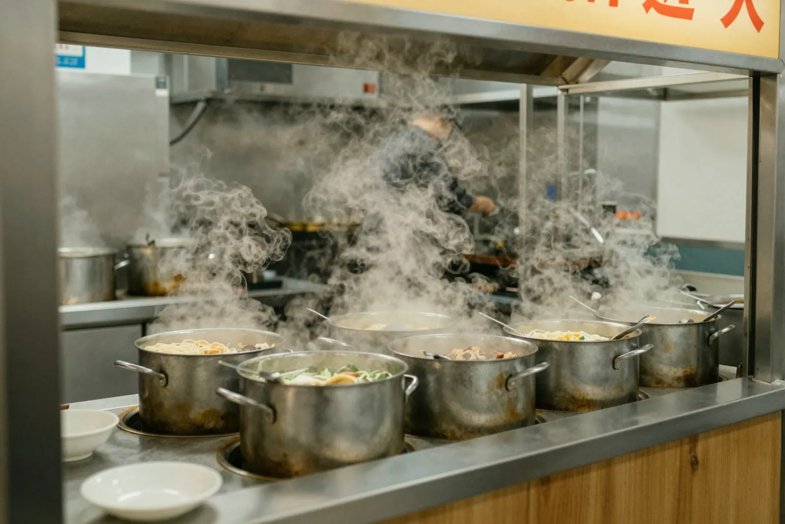 A noodle counter with steaming pots