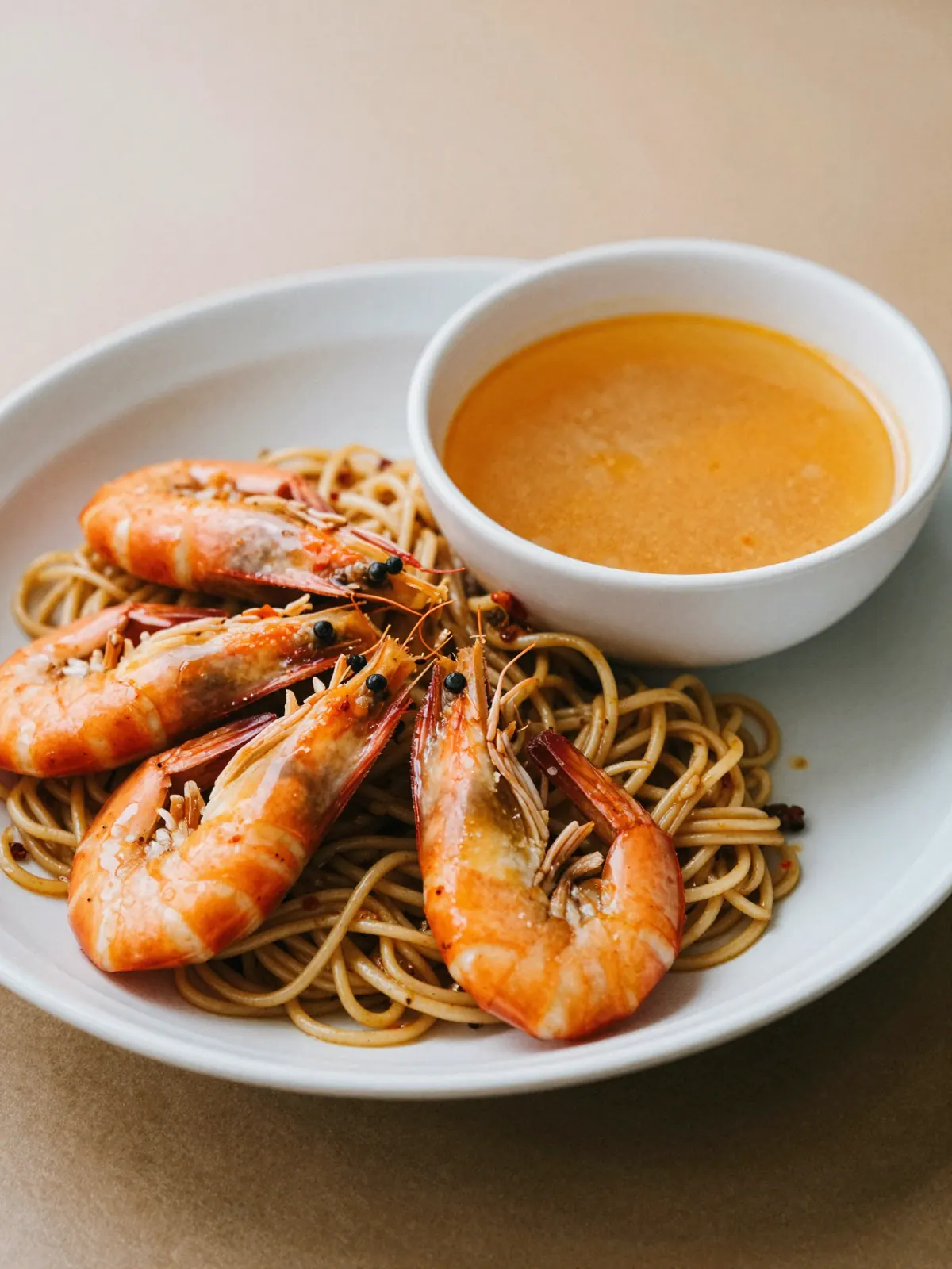 Dry prawn mee with broth on the side